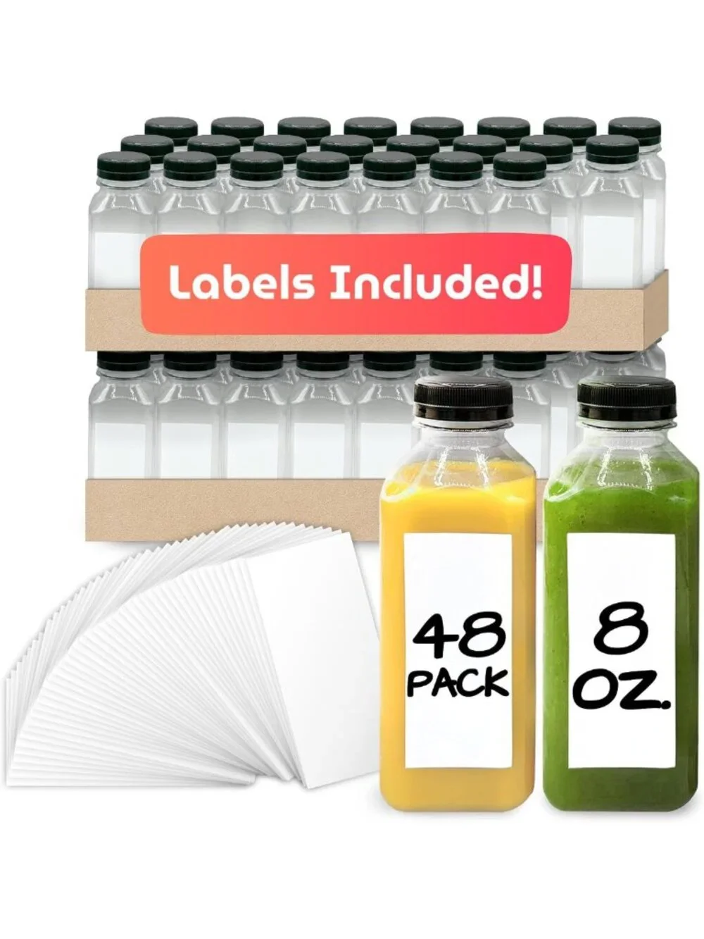 Bulk 48-Pack Square Plastic Juice Bottles - 8 oz Reusable Containers for Drinks